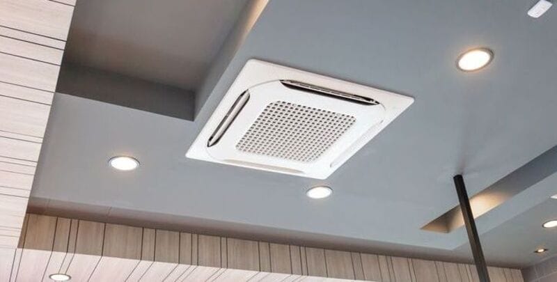 A ceiling cassette air conditioner in action