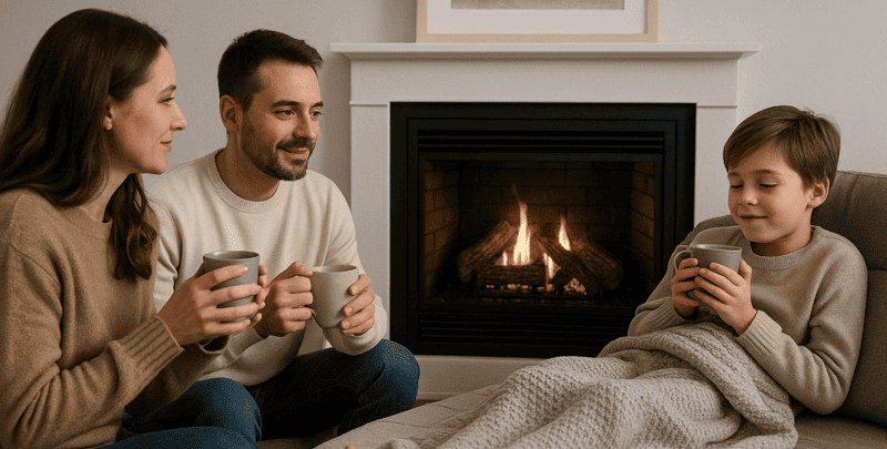 A family warms up with a gas log fire