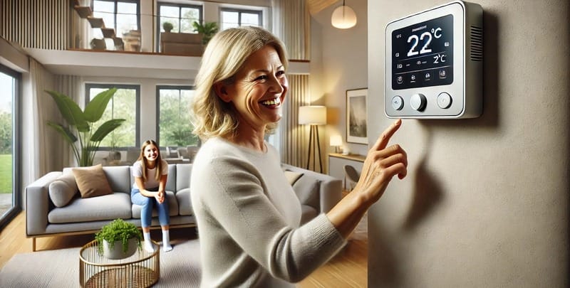 Woman adjusts thermostat on a ducted AC while talking to her daughter